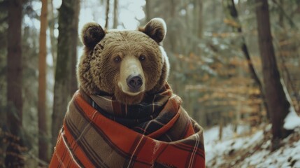 In a peaceful forest setting, a bear wrapped in a cozy plaid blanket appears to be enjoying the chilly weather outdoors.