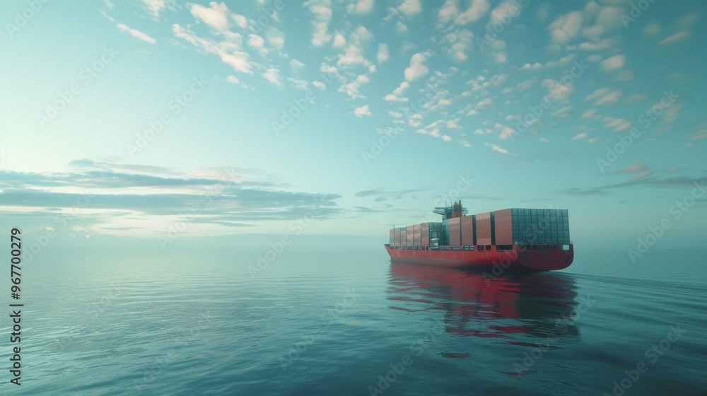 Wall mural a large cargo ship cruises serenely across calm waters, bathed in the soft light of dawn under a can