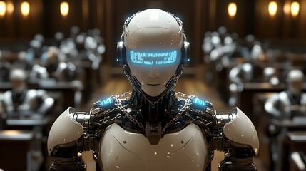 Fototapeta premium In a high-tech courtroom, a humanoid robot, bound by glowing chains, each representing a different legal code, stands in the center, ready for judgment