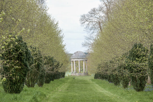 Avenue through clipped shrubs leading to a domed folly