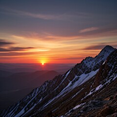 Breathtaking Sunset Over Snow-Capped Mountain Peaks and Forests..