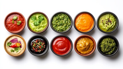 An assortment of colorful sauces and dips in small bowls arranged in a grid pattern on a white background.