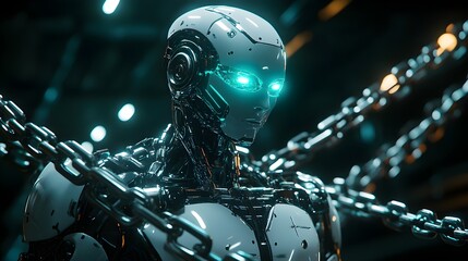 Fototapeta premium A humanoid AI robot, bound by heavy, metallic chains, its glowing eyes dimmed, symbolizing the heavy legal consequences of its programming flaws