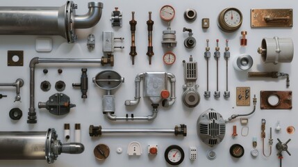 An intricate collection of industrial machinery components is meticulously arranged, showcasing the complexity and precision of engineering.