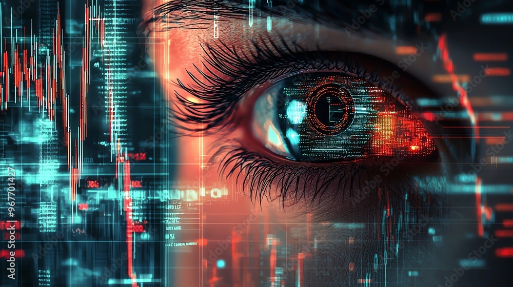 Poster a close-up of a human eye with digital data overlays, symbolizing vision, technology, and data analy
