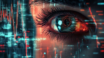 A close-up of a human eye with digital data overlays, symbolizing vision, technology, and data analysis in a futuristic context.