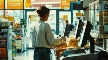 A woman at a self-checkout station in a bright, modern grocery store, illuminated by natural light, embodying convenience and efficiency.