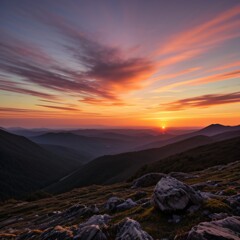 Obraz premium Breathtaking Sunset Over Snow-Capped Mountain Peaks and Forests..