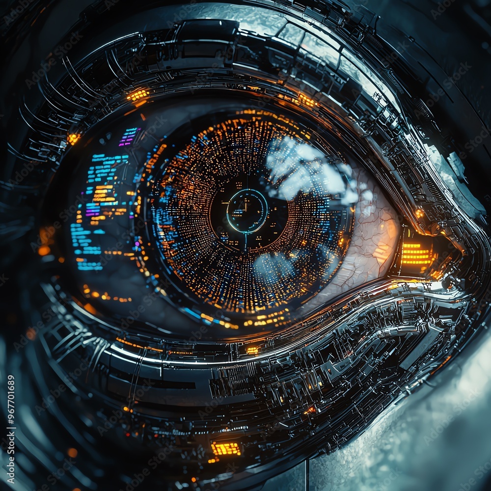 Poster a close-up view of a futuristic robotic eye showcasing intricate technology and vibrant data display