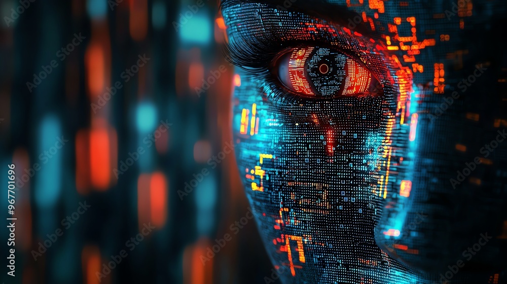 Poster a close-up view of a futuristic digital face with vibrant colors representing technology and innovat