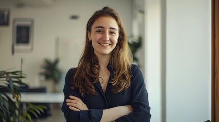 A confident, smiling individual stands in a modern office, arms crossed, radiating positivity and professionalism, underlining a promising career and leadership.
