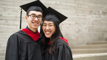 Fototapeta premium Two happy graduates in black caps and gowns, embracing and smiling brightly, celebrating their academic achievements.