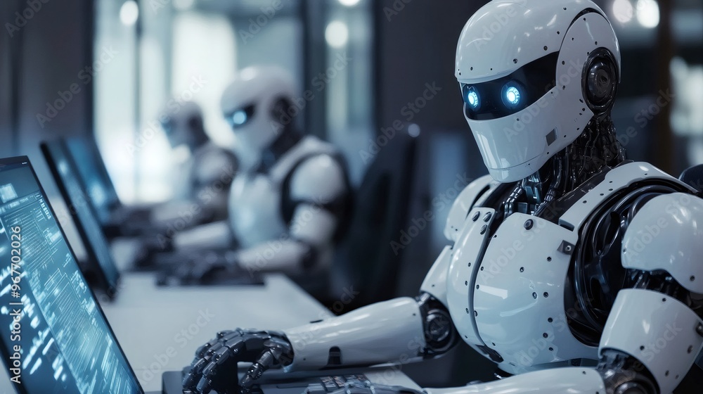 Poster a white humanoid robot with blue glowing eyes sits at a desk in front of a computer with other robot