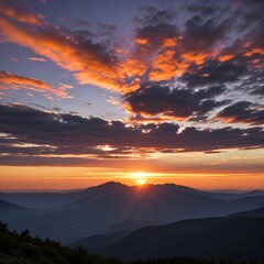 Fototapeta premium Breathtaking Sunset Over Snow-Capped Mountain Peaks and Forests..