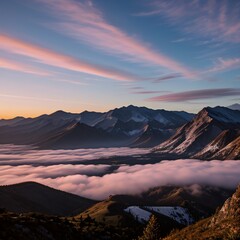 Naklejka premium Breathtaking Sunset Over Snow-Capped Mountain Peaks and Forests..