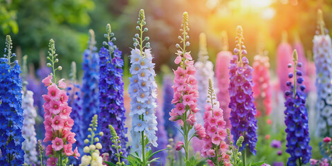 Beautiful delphinium flowers blooming in a vibrant summer garden, delphinium, flowers, blooming, summer, garden, flora