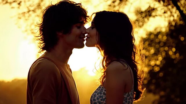 Caucasian Couple Sharing a Kiss During Sunset in a Romantic Garden Generative AI