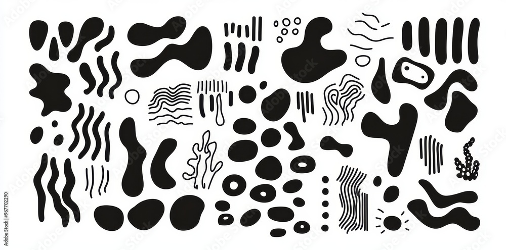 Poster organic random irregular shapes, abstract freeform liquid elements. sassy, smooth, squishy blobs. mo