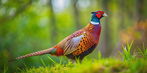 Fototapeta premium Pheasant standing in a natural habitat , wildlife, bird, feathers, nature, woodland, colorful, outdoors