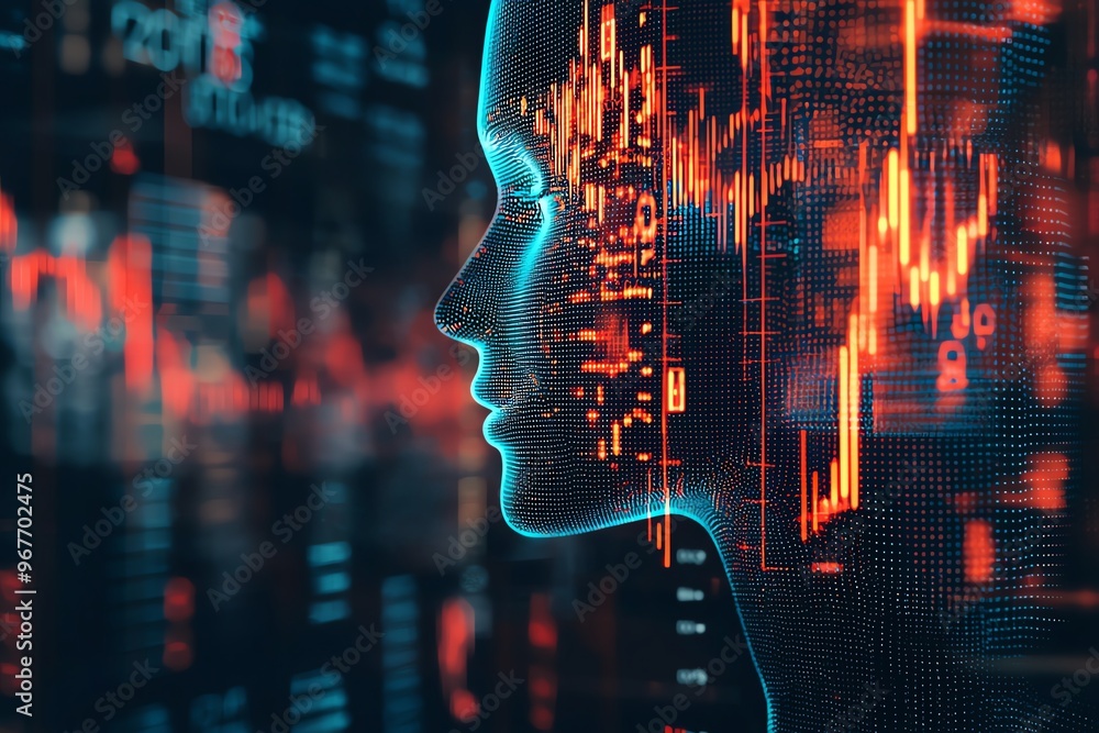 Poster a digital representation of a face with data visualizations, symbolizing technology, innovation, and