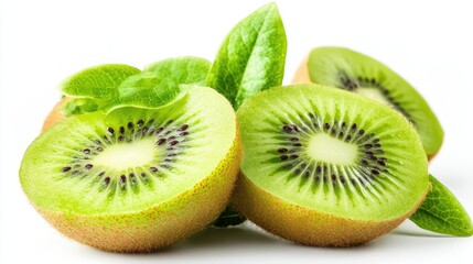 Fototapeta premium Sliced kiwi fruit with green leaves, isolated on a white background.
