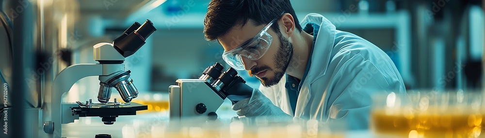 Poster a focused scientist examines samples under a microscope in a modern laboratory, showcasing precision