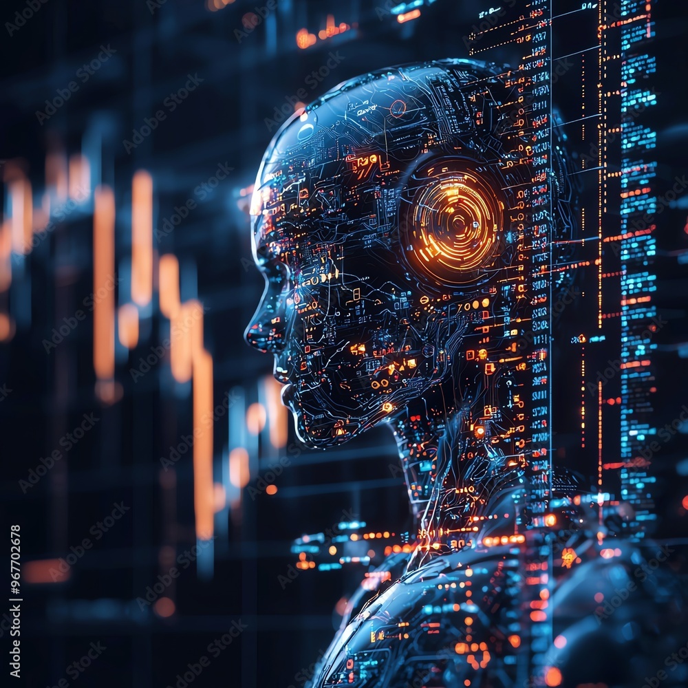 Poster a futuristic digital human with glowing circuits, symbolizing the intersection of technology and hum