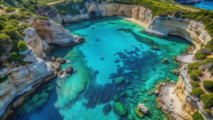 Aerial view of a stunning turquoise cove with a rocky cliffside , turquoise, cove, aerial view, ocean, sea, water, rocks