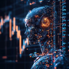Obraz premium A futuristic digital human with glowing circuits, symbolizing the intersection of technology and humanity in data analysis.