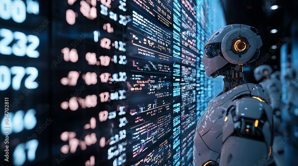 Poster a futuristic robot analyzes complex data, showcasing advanced technology in a high-tech environment 