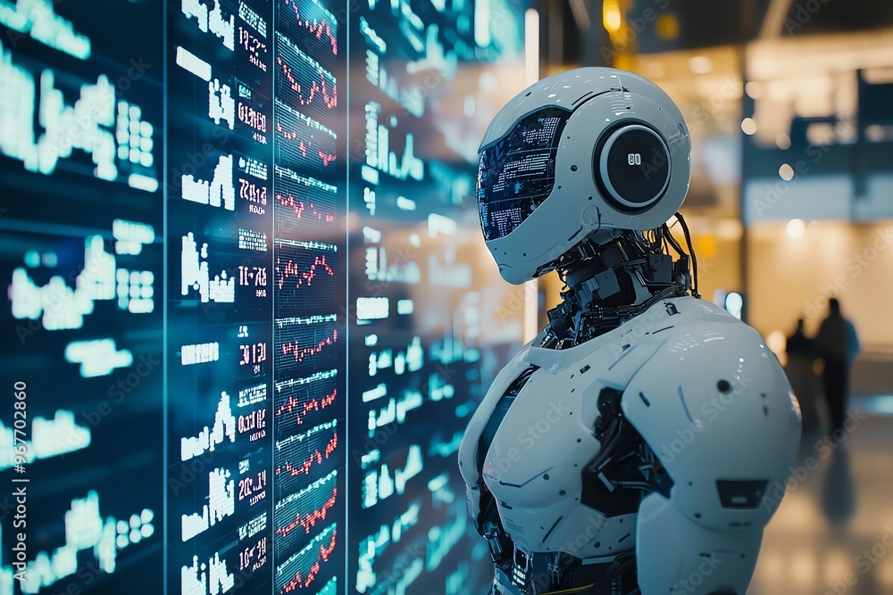 Poster a futuristic robot analyzes data on digital screens, symbolizing the intersection of technology and 