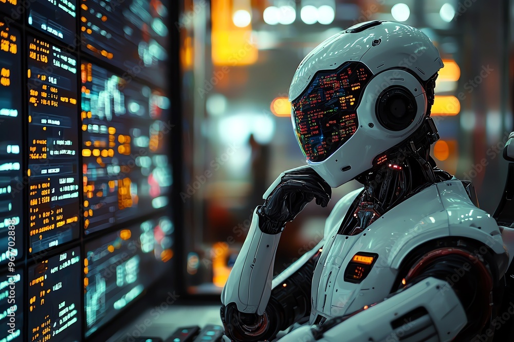 Poster a futuristic robot analyzes digital data on a glowing screen, embodying advancements in technology a