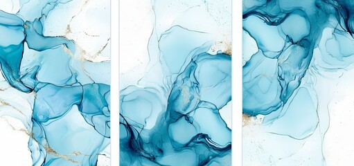 Background of cyan blue liquid watercolor with golden stains. Teal turquoise marble alcohol ink drawing effect. Elegant illustration design template for a wedding or birthday party invitation.