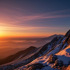 Naklejka premium Breathtaking Sunset Over Snow-Capped Mountain Peaks and Forests..