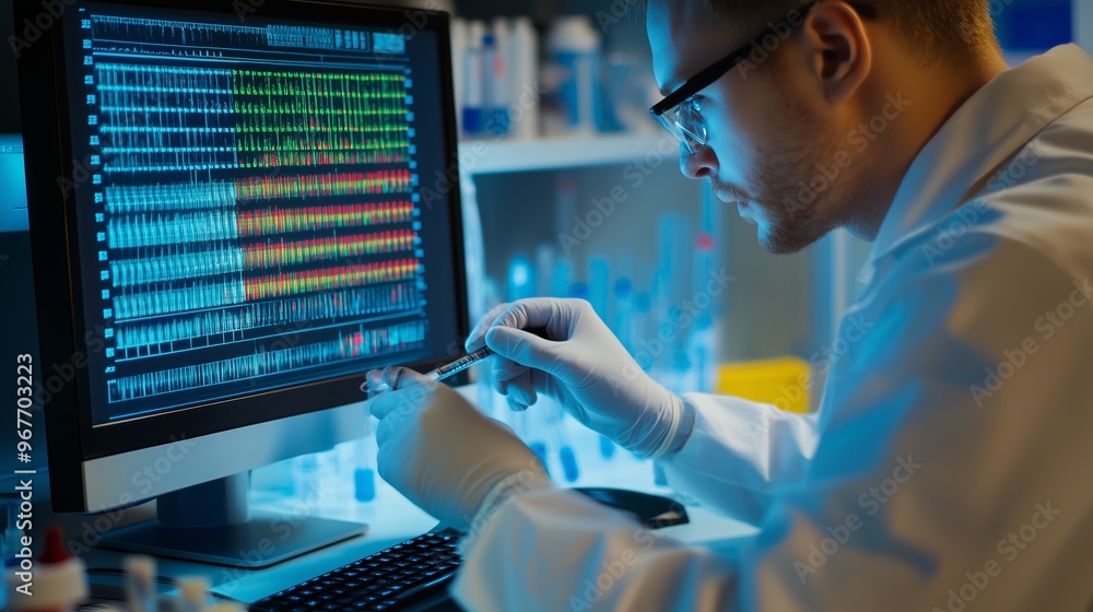 Poster a scientist analyzes genetic data on a computer in a modern laboratory during evening hours