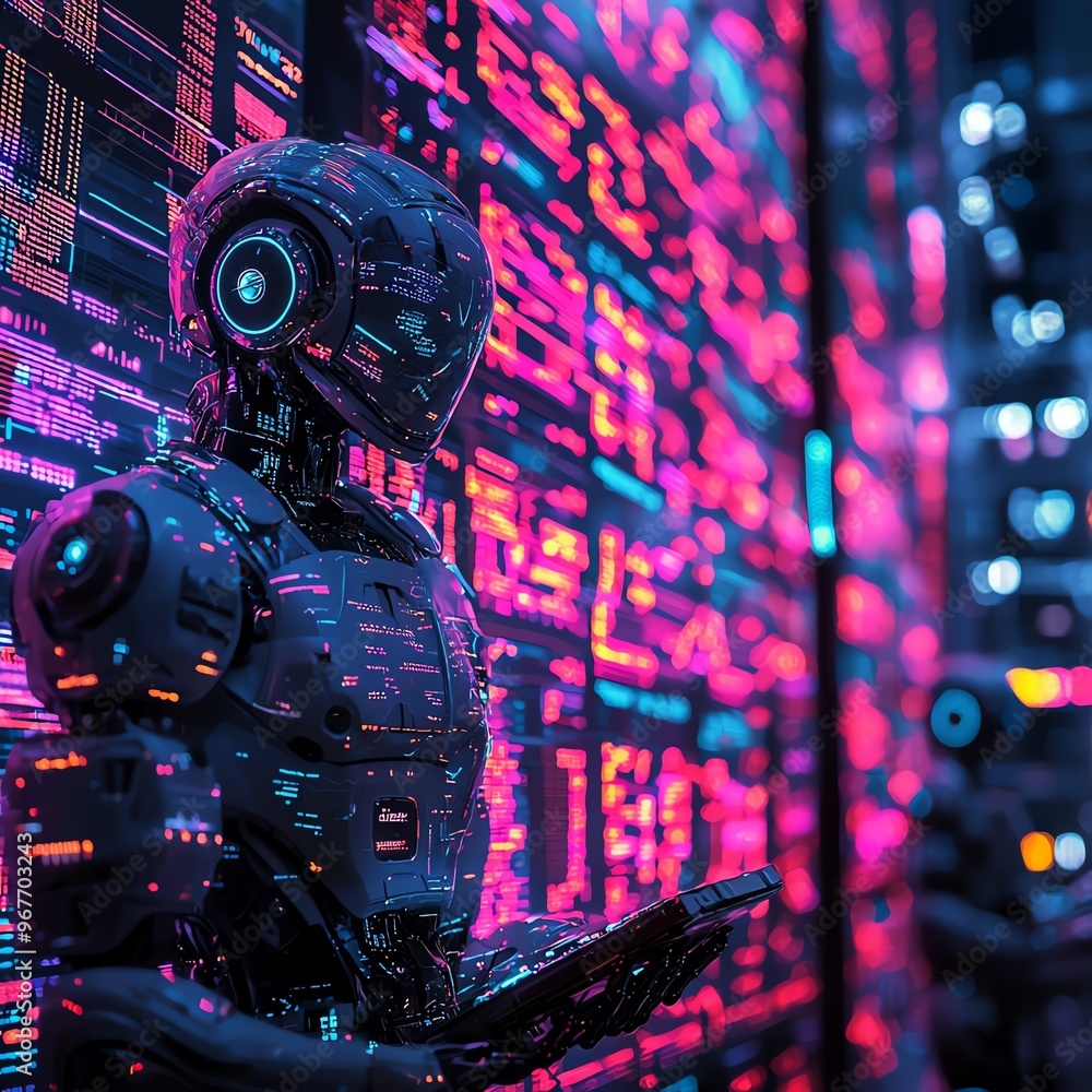 Poster a futuristic robot stands against a vibrant digital backdrop, showcasing advanced technology and art