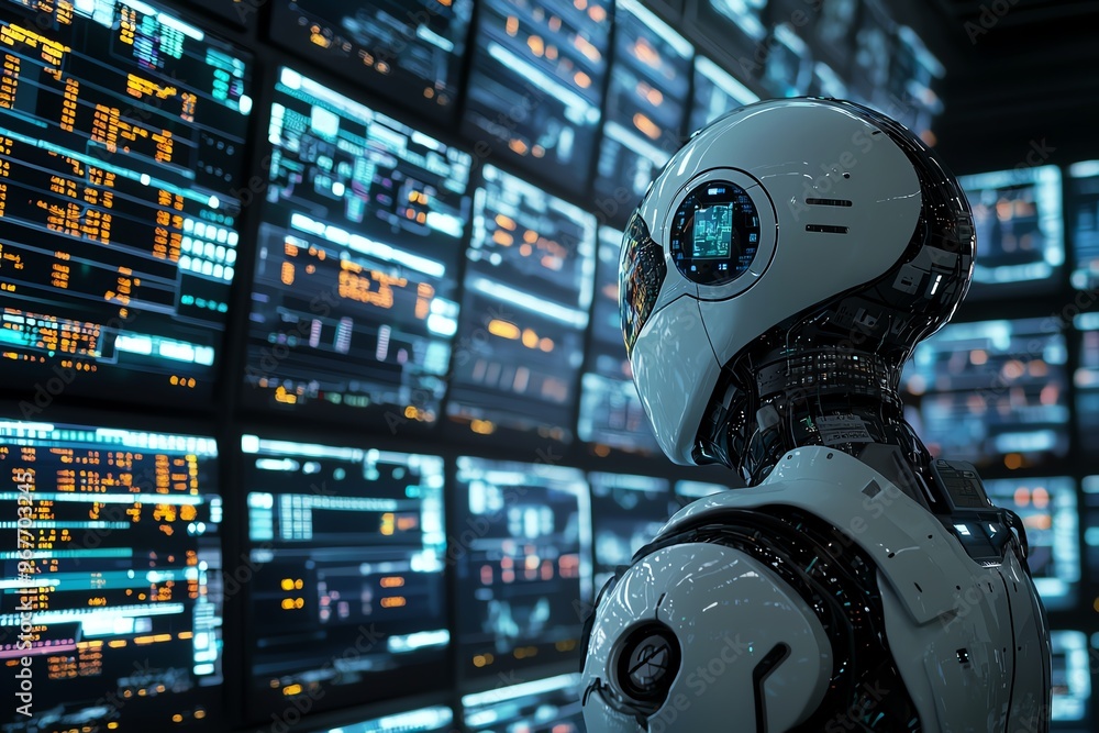 Poster a futuristic robot monitors data displays, showcasing advanced technology and artificial intelligenc