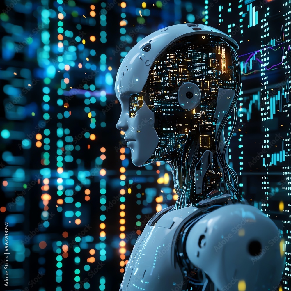 Poster a futuristic robot profile with vibrant digital elements, showcasing advanced technology and artific