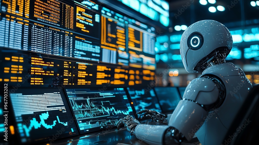 Aufkleber a futuristic robot monitors advanced data displays in a high-tech environment, showcasing innovation