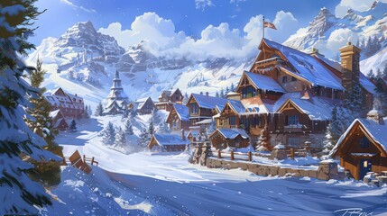 A picturesque snowscape of a snowy mountain resort with cozy lodges, snow-covered slopes, and a bright, clear winter sky above