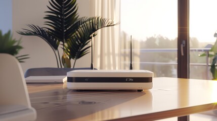 A modern wireless router sits on a wooden table, bathed in soft morning light, contrasting with the lush green indoor plants and a scenic balcony view.