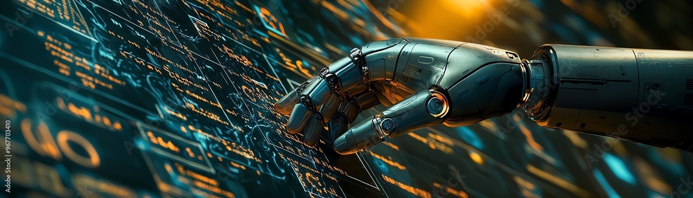 Poster a futuristic robotic hand interacts with a digital interface, showcasing advanced technology and inn