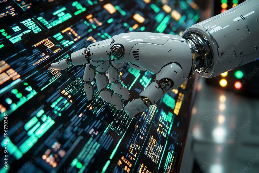 Poster a futuristic robotic hand interacts with digital data displays, showcasing advanced technology and i