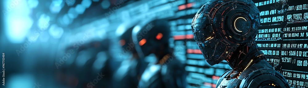 Poster a futuristic scene featuring humanoid robots lined against a digital backdrop, highlighting technolo