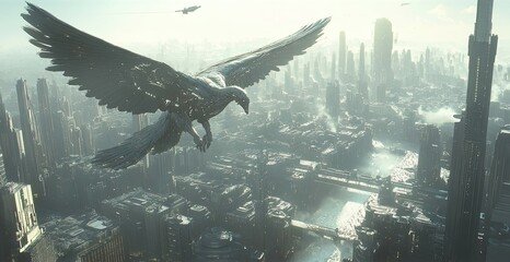 Naklejka premium A Mechanical Bird Soaring Over a Futuristic Cityscape