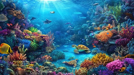 Naklejka premium Colorful coral reef teeming with marine life under sunlight in a tropical ocean