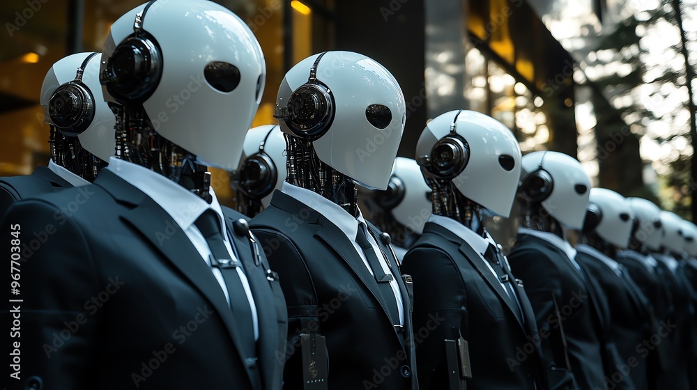 Poster a lineup of futuristic robots in suits, showcasing advanced technology and design in a modern urban 