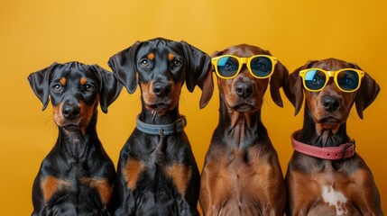 Group of Doberman puppies  in sunglasses