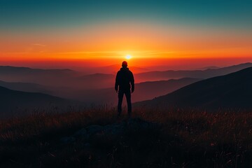 Obraz premium A lone hiker stands on a hilltop, admiring a breathtaking sunset over rolling mountains, capturing a moment of tranquility.