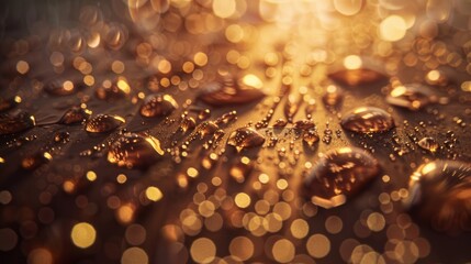 Shimmering water droplets on a wooden surface captured under golden light, creating a visually captivating scene full of warmth and beauty.